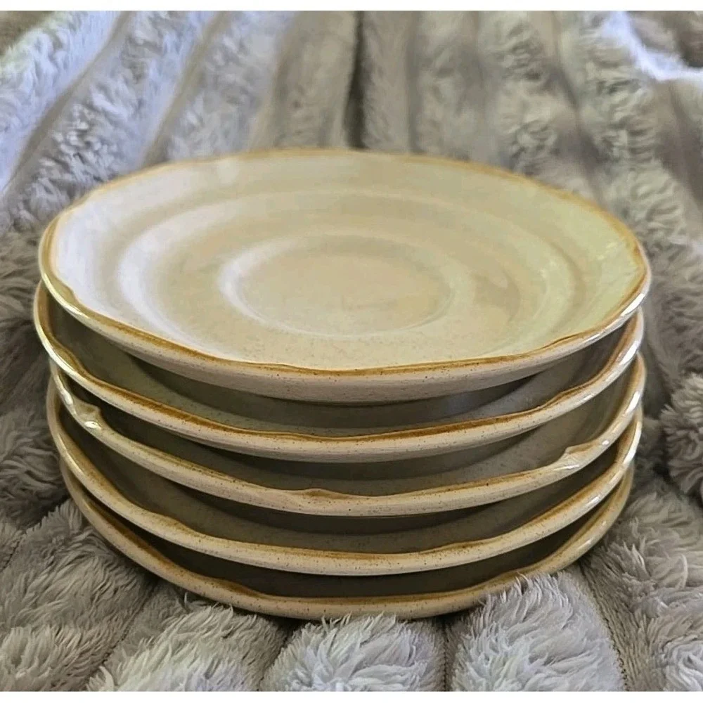 Vintage Stoneware Japan Speckled Saucers Set of 5 Cream Brown Rim Scalloped Edge